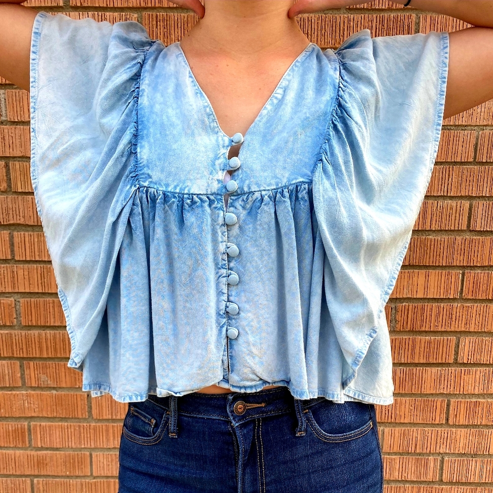 70s vibe acid wash flowy top SIZE:S BRAND: D&Kade
